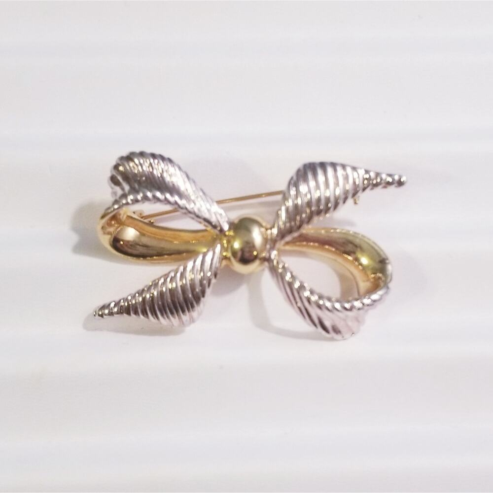 Vitg Gold Silver Two Tone Bow Brooch Pin Textured Lapel Scarf